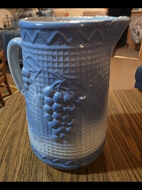Antique Salt Glazed Blue  Grape Stoneware  Pitcher - Decorative Home Art
